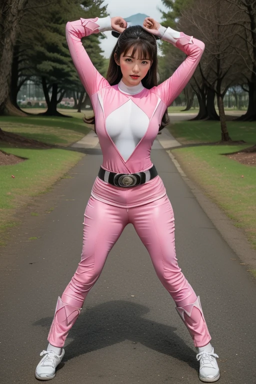 pink theme,pink ranger suit、curvy, big breats, full body, tied on Saint Andrew's cross in X position