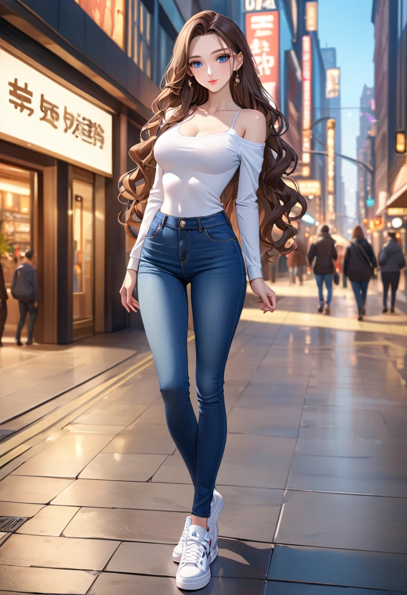 ((best quality, masterpiece:1.3, 8K)), (detailed), highly detailed face and skin texture, detailed eyes, downtown, full body, seductive pose, slender body, girl, 25 years old, white skin, blue eyes, bright lips, seductive smile, dark brown hair, wavy hair, long hair, (forehead:1.0), tight clothes, white top, bare shoulder, u-neck, long sleeves, jeans pants, tight jeans, blue jeans, white sneakers,