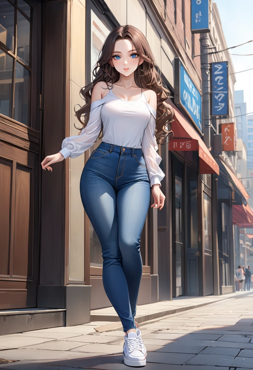 ((best quality, masterpiece:1.3, 8K)), (detailed), highly detailed face and skin texture, detailed eyes, downtown, full body, seductive pose, slender body, girl, 25 years old, white skin, blue eyes, bright lips, seductive smile, dark brown hair, wavy hair, long hair, (forehead:1.0), tight clothes, white top, bare shoulder, u-neck, long sleeves, jeans pants, tight jeans, blue jeans, white sneakers,