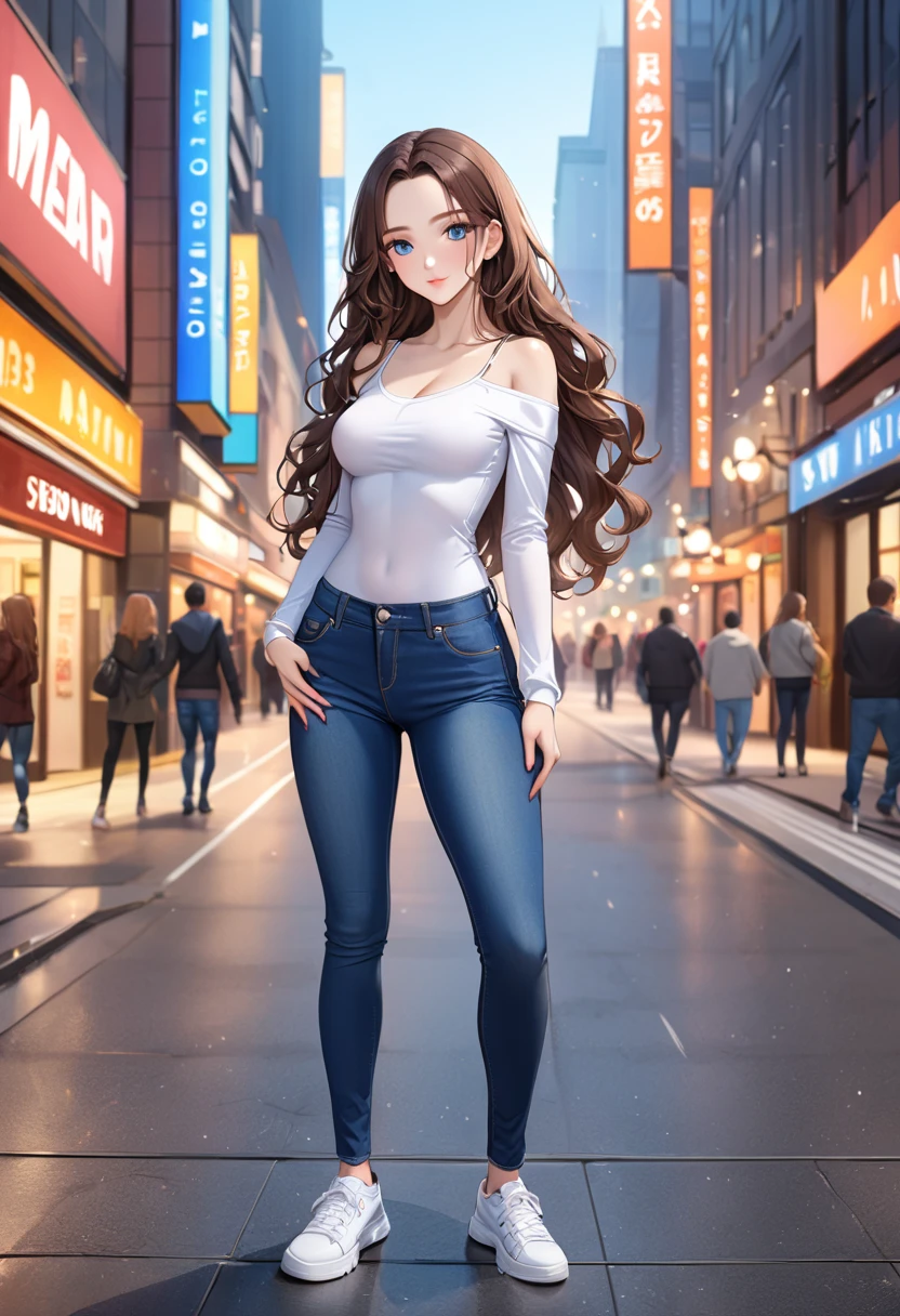 ((best quality, masterpiece:1.3, 8K)), (detailed), highly detailed face and skin texture, detailed eyes, downtown, full body, seductive pose, slender body, girl, 25 years old, white skin, blue eyes, bright lips, seductive smile, dark brown hair, wavy hair, long hair, (forehead:1.0), tight clothes, white top, bare shoulder, u-neck, long sleeves, jeans pants, tight jeans, blue jeans, white sneakers,