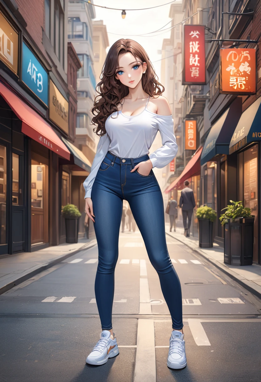 ((best quality, masterpiece:1.3, 8K)), (detailed), highly detailed face and skin texture, detailed eyes, downtown, full body, seductive pose, slender body, girl, 25 years old, white skin, blue eyes, bright lips, seductive smile, dark brown hair, wavy hair, long hair, (forehead:1.0), tight clothes, white top, bare shoulder, u-neck, long sleeves, jeans pants, tight jeans, blue jeans, white sneakers,