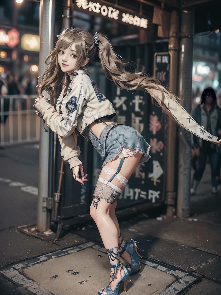 (Full Body View:1.2)、(Full body:1.3)、(Smiling with teeth showing:1.3),(Shibuya Gal:1.5)、(Hostess:1.4)、(Neo-goth fashion:1.5)、(Punk RockVisual Kei:1.3)、(Futuristic bodysuit in white, beige and denim with embellishments:1.5)、(A delicate short jacket in denim, beige and navy:1.5)、(Denim garter belt:1.5)、(Tattered denim and a white micro mini skirt:1.3)、(Heart-shaped silver accessories:1.5)、(Brown Skin Belt:1.4)、(Blue High Heels:1.4)、(Lace patterned underwear:1.4)、20-year-old、NSFW,((Highest quality、In 8K、masterpiece:1.3))、Sharp focus:1.2、(Layered Cut、Huge boobs:1.1),Beautiful woman with perfect figure:1.4、(Doing an aerobics pose:1.3)、Slender Abs:1.2、Butt、Highly detailed face and skin texture、Detailed eyes、double eyelid,(Twin tails:1.3)、(Brown-golden hair:1.3)、Obscene、Gravure idol、(Luxurious amusement park at night:1.3)、(Make your legs thinner:1.4)、(Thin thighs:1.4)、(Slim body:1.3)、(clavicle:1.1)