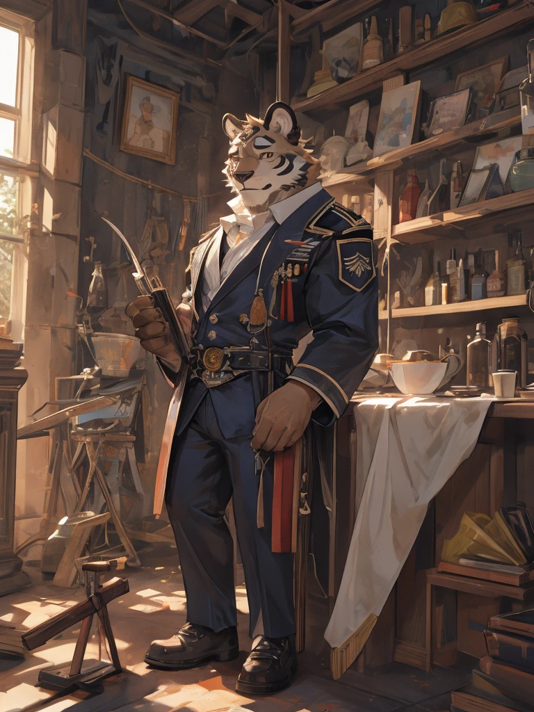 {{bara extremely handsome white tiger,}} {{white fur,}} white, wearing military like purple trench coat, purple trousers, white dress shirt and necktie, white fluffy furry body and limbs, loafers, very tall, very broad shoulders, narrow waist, muscular arms, massive pecs, purple eyes, very long legs, sitting on swivel chair with legs spread, massive bulge, reading file, sophisticated hot look, full body, sunlight casting over, 3/4 view, best quality, high quality, silver earring on left ear, sultry smirk