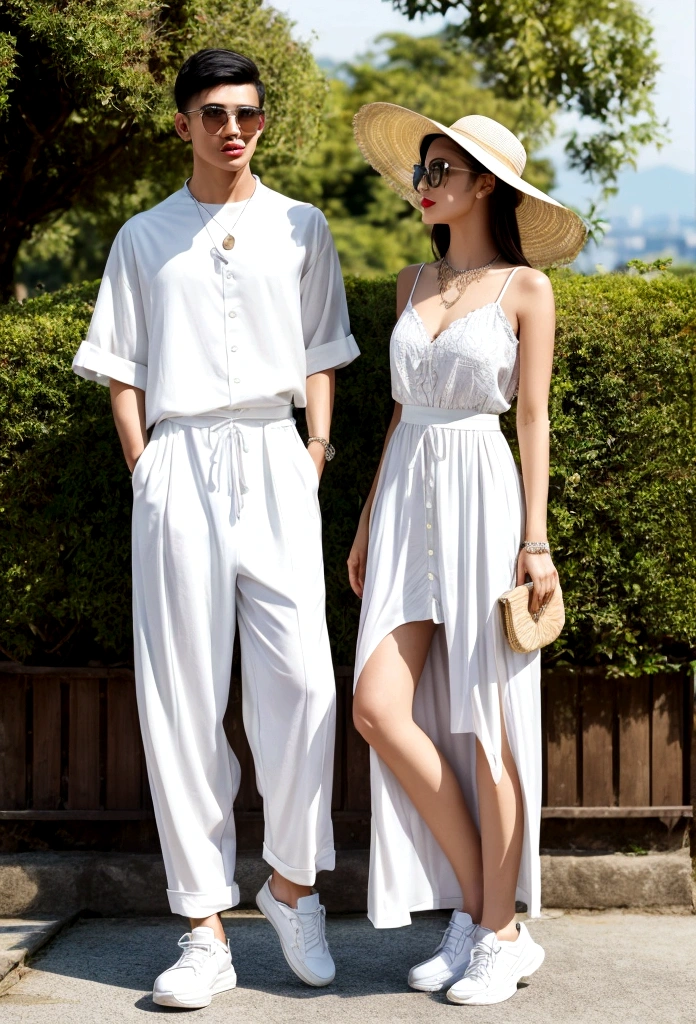 candid fashion illustration of young mixed Asian man and woman, both aged 20 year old, ((showcase fashion look book in a White rayon outfits)), inspired by Zara's resort collection 2020 in elegant young bohemian style. The man wears an oversized short-sleeved bowling white shirt with a pocket details, paired with relaxed-fit white Sports Wide Leg Shorts Baggy short and Drawstring, He completes his look with white sneakers, sunglasses and bracelet. The woman complements him in a white Ankle-length dress in a rayon with delicate lace insets, V-shaped neckline, covered buttons down the front and an open section, spaghetti shoulder straps, Gathered tiers down the skirt and a scalloped hem, Her ensemble includes an accessorizes with a wide-brimmed straw hat, white sneakers and necklace. Captured in a low angle, ((full-body image)), The photograph is taken with a Canon EOS R camera using an 85mm f/1.8 lens at an f/2.2 aperture, utilizing natural light. Employing three-point lighting and incorporating 3D animation shadows enhances his features and adds depth to the composition. The careful layering and arrangement of his body parts and surrounding objects ensure a flawless composition. This masterpiece celebrates the beauty of the male form and invites viewers to immerse themselves in a world of sophistication and charm. The seductive lighting and intricate details, combined with a dramatic composition, invite viewers to revel in the essence of a fun-filled day, brimming with joy and relaxation. Attention is meticulously paid to the layers and arrangement of his body parts and surrounding objects, ensuring correct body structure and photo distance. The romantic atmosphere, paired with a lively and extremely gorgeous Chiangmai city background, enhances the overall allure of this exquisite image.