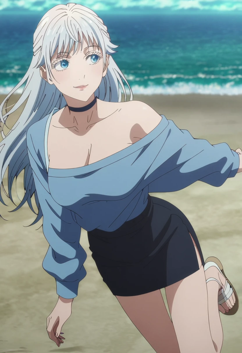 1girl, female gojo satoru, anime screencap from jujutsu kaisen, gojo satoru female version, solo, long_hair, blue eyes, ((white eyelashes)), ((white_hair)), beach view, ocean in background, breasts, upper_body, smile, swept bangs, blue_eyes, lips, (swept bangs) ((wearing blue sweater, off the shoulder court, pencil skirt, neck choker, sandal)), breast, "very detailed and high resolution" (blue eyes) ((long hair)) ((solo)) ((high resolution)) ((full body)) ((Good quality)) ((high-resolution)) ((best quality)) ((animw screen cap))