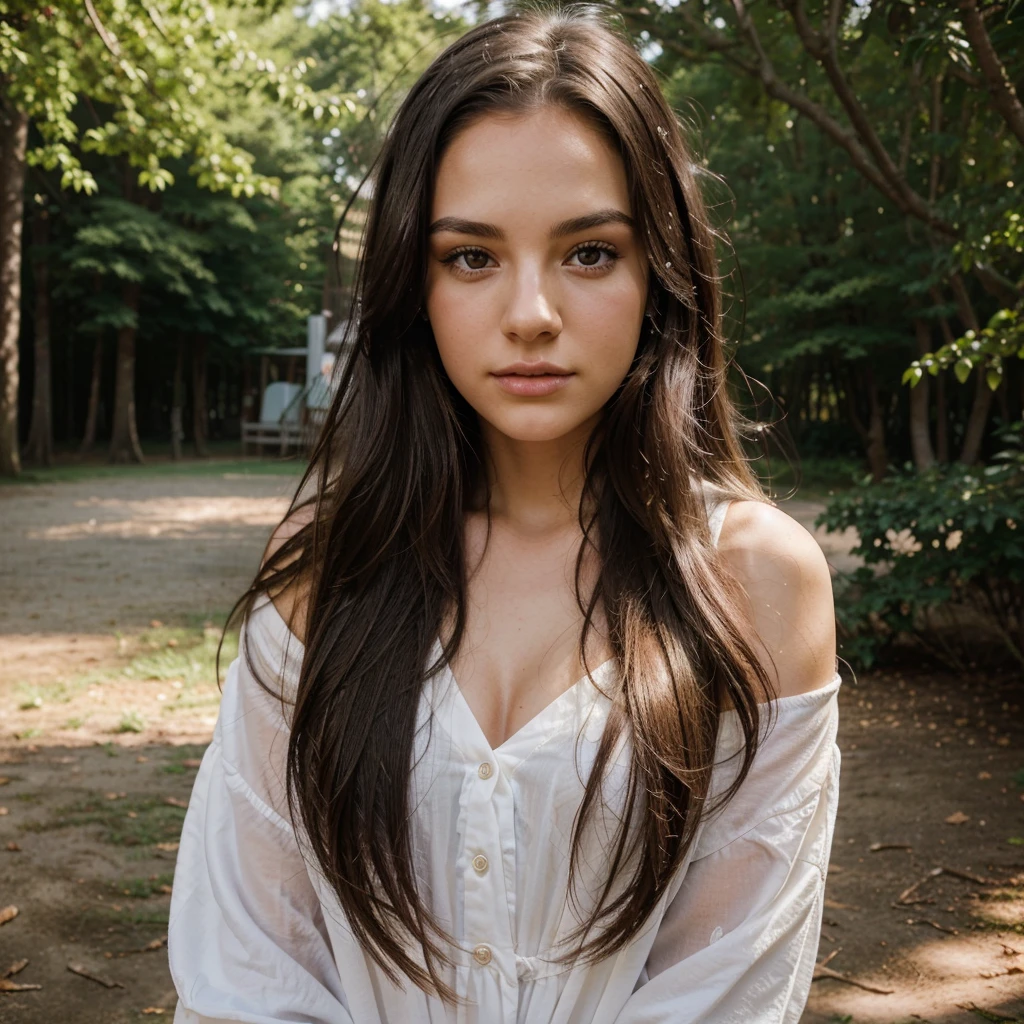 A photorealistic portrait of a 21-year-old white girl with long, flowing dark hair and striking dark eyes. She should have a natural, approachable expression and be illuminated by soft, golden-hour sunlight. The background should be a scenic outdoor setting, perhaps a sunlit park or beach. Capture this image with a high-resolution photograph using an 85mm lens for a flattering perspective.