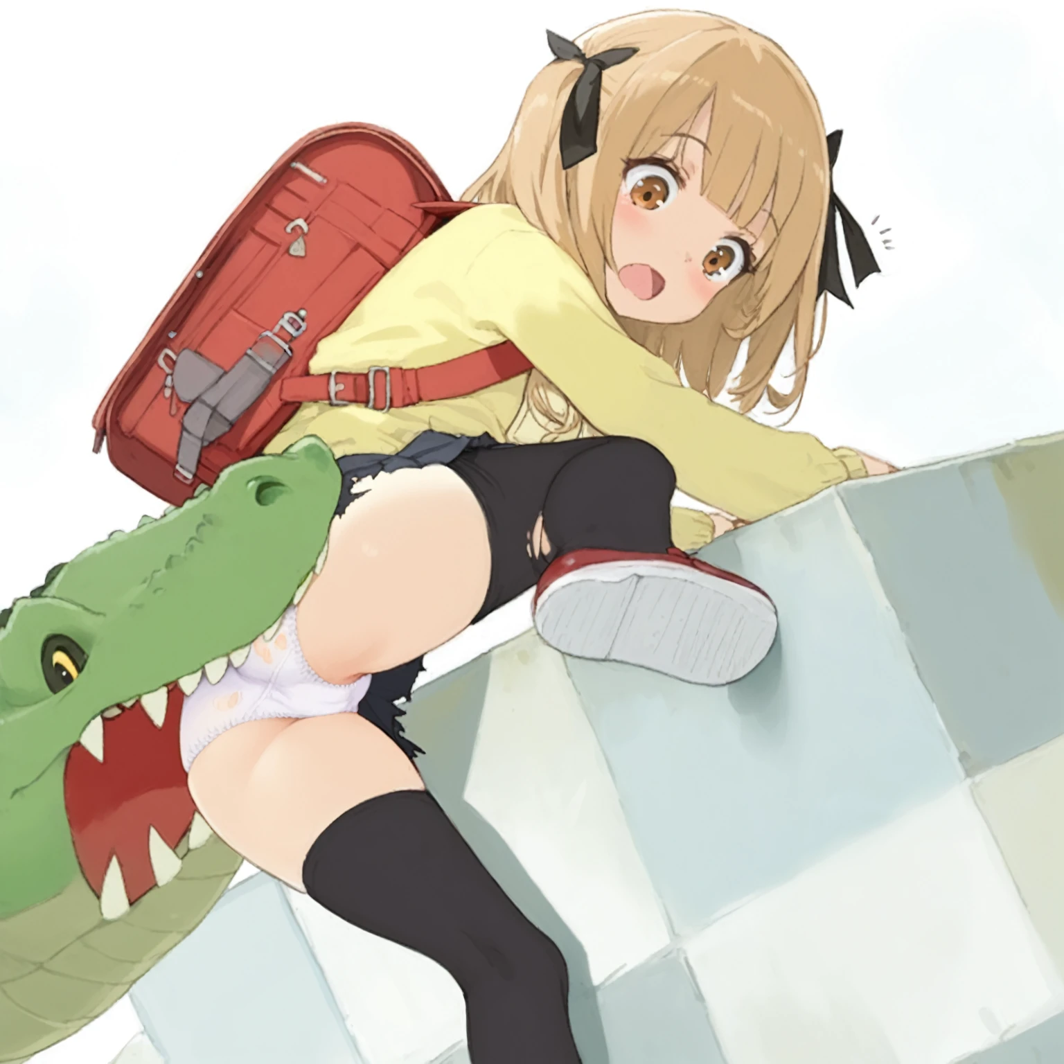 masterpiece, best quality, school girl, cute, brown hair, climbing, torn skirt, white panties, bare buttocks, torn black socks, red backpack, red shoes, (bitten in the ass by crocodile), surprised, from below
