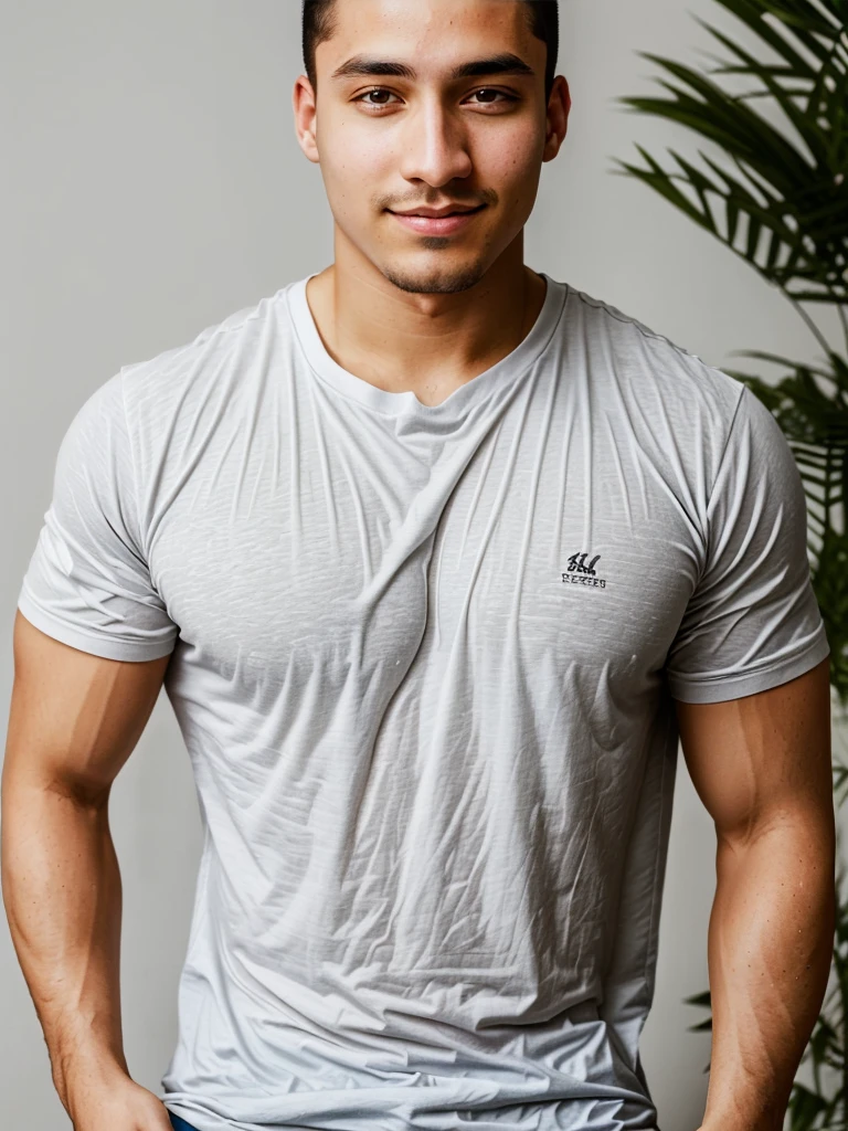 ((Highest quality, 8K, Masterpiece: 1.3))、Thailand Laos Burma Asia, Thai man, A handsome Asian rugby player with short hair, a muscular beard, and big muscles., 1A man who has、 yo、Good appearance、Beautiful nose、smile、 Detailed eyes and face、beautiful light、(studio)、high resolution、(Look at the viewer.)、Fine mouth、smile、whole body: 1.5, perfect shape: 1.3, Picture of both shoulders:1.3, Gray round neck t-shirt:1.5