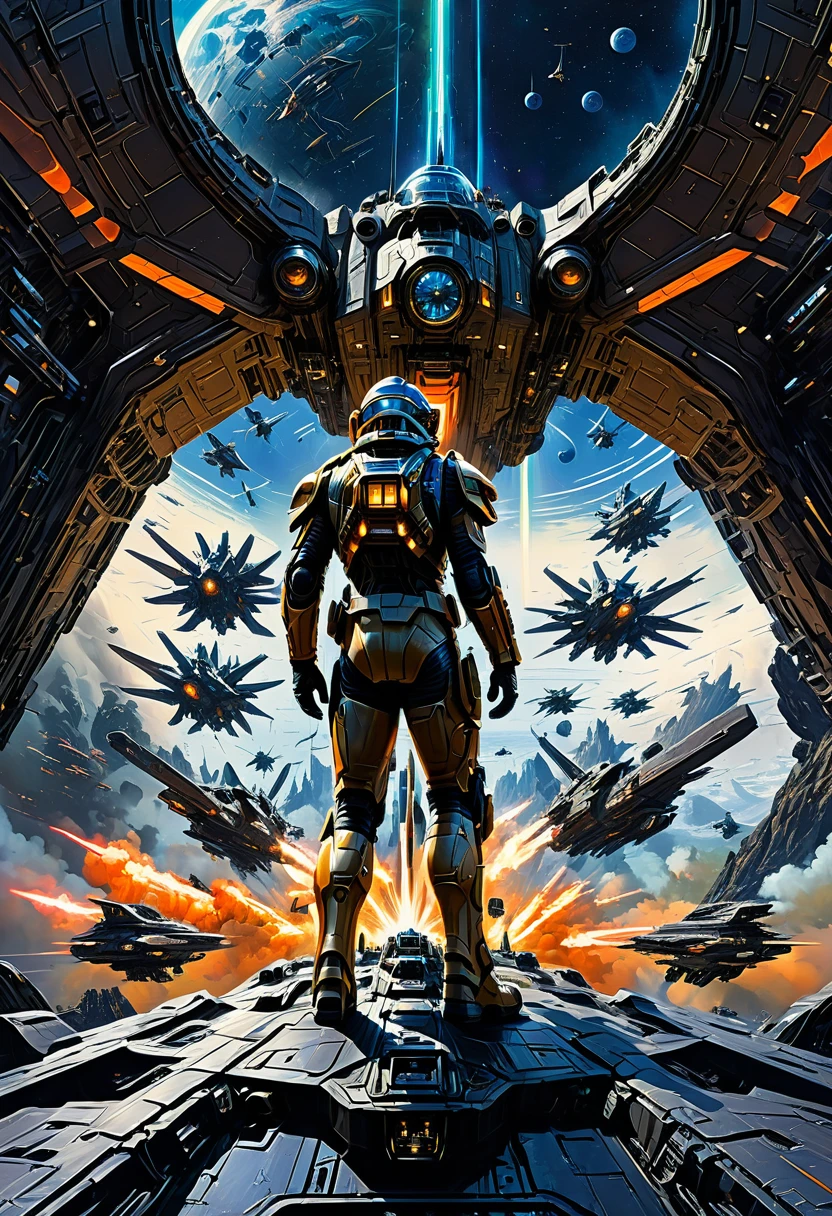 Space War, cinematic still, high budget, cinemascope, 4K epic detailed, by Ralph McQuarrie, best quality, masterpiece, very aesthetic, perfect composition, intricate details, ultra-detailed, vivid colors