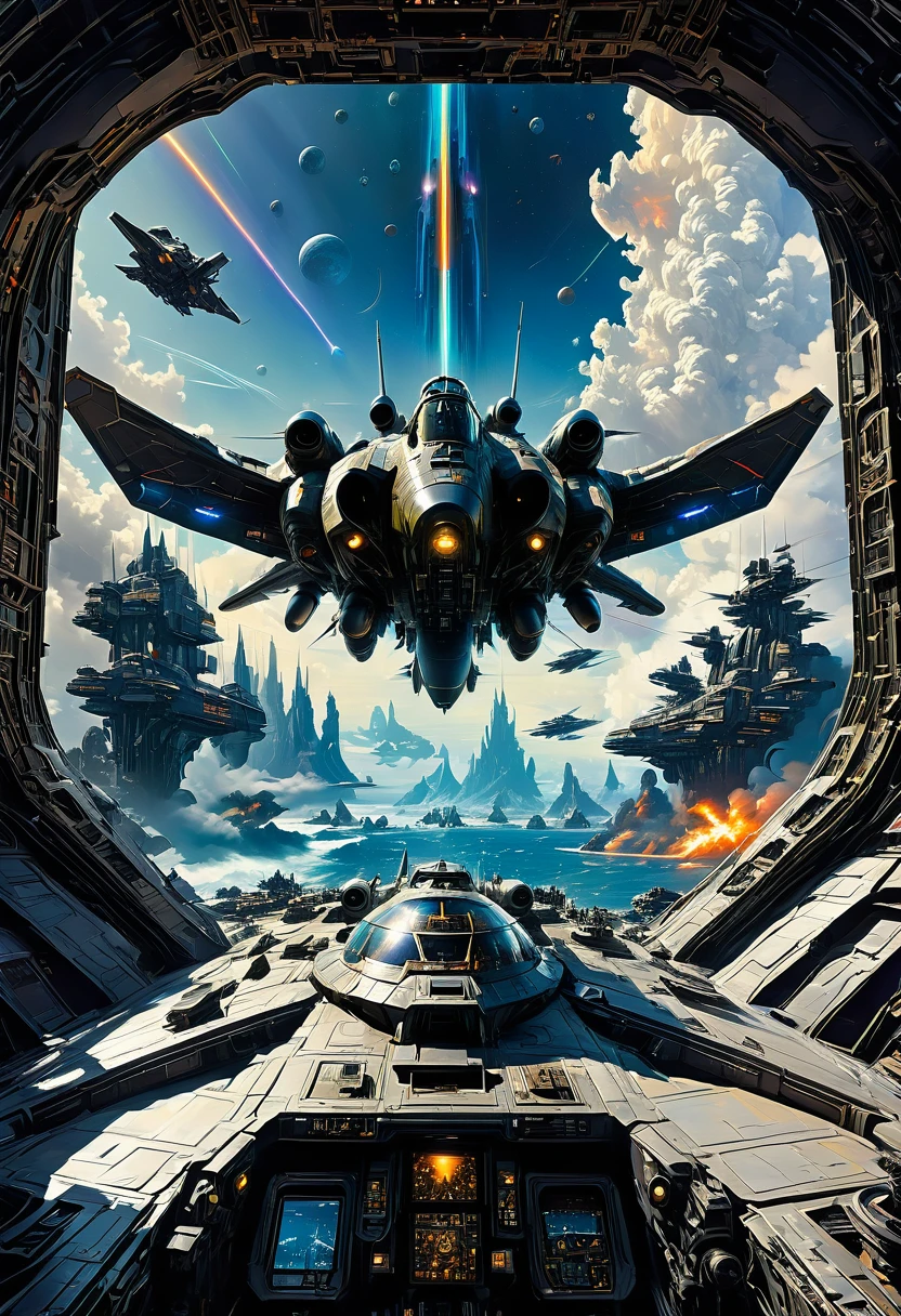 Space War, cinematic still, high budget, cinemascope, 4K epic detailed, by Drew Struzan, best quality, masterpiece, very aesthetic, perfect composition, intricate details, ultra-detailed, vivid colors