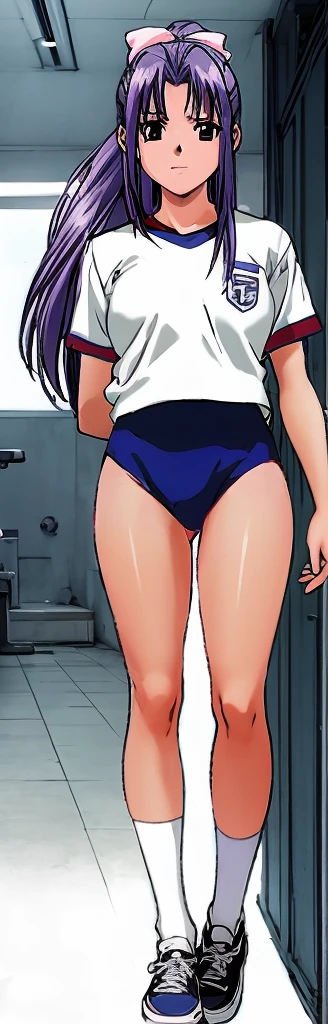 Momoko Koigakubo, a tall girl with beautiful legs, is standing with her legs spread to the sides in a white gym uniform and light navy blue bloomers that look like panties.。