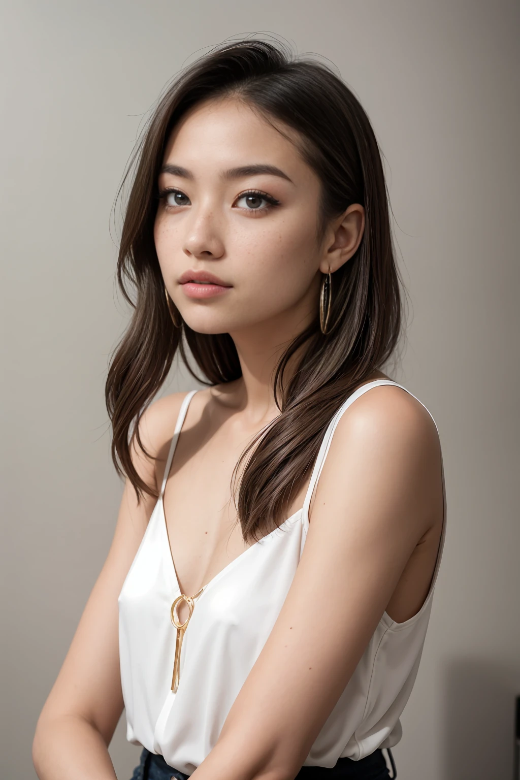 A young 19-year-old woman named Lila Nakamura with a Northern European heritage. She has thick dark black eyeliner, glossy lips, and a cute, endearing expression. She has straight, blonde hair with blonde highlights that falls just past her shoulders, styled in a neat and polished manner. Her eyes are almond-shaped with a light, striking blue color, accentuated by subtle eyeshadow and mascara. Her skin has a light tone with a natural, fresh look, and she has a few delicate freckles across her nose. She is wearing a simple, professional outfit, consisting of a white blouse and dark jeans, and accessorized with small gold hoop earrings. The background is a neutral studio setting with soft lighting to highlight her features.
