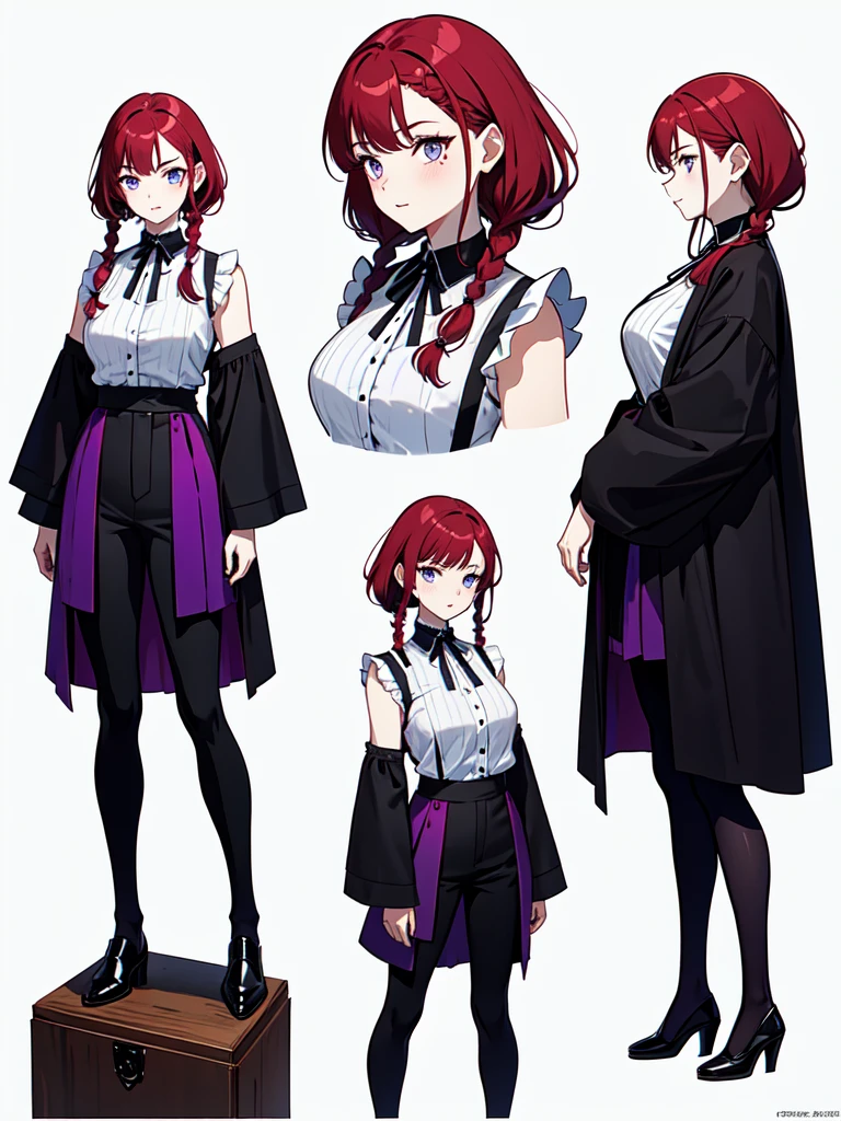 Dressed in maid uniform ,　Mature face,tall, Wearing black tights,Blue Eyes,Updo, Braided Hair, He wore black trousers, whole body黒の服, The skin is hidden　and gradient hair, (Ink blotches:1.1), (pale:1.2),(purple:1.2),(Red/Black:1.2), I was wearing long pants,cool,Dressed in a black robe, Toned body, Wine red hair, one big woman, Nervous,Cowboy Shot, sketch (Character design sheet, same characters, whole body, Three-View, front, ~ ~ ~ side, return),(Very bright:1.1), White Background, [1 Girl:7], (Tilt your head:1.2), ([sketch|watercolor \(Moderate\)]:1.15),Chaotic Abstract Background, Vector Trace, Gradient Blending, Bright colors, that&#39;wonderful, Very detailed, Complex, (Very low contrast:1.4