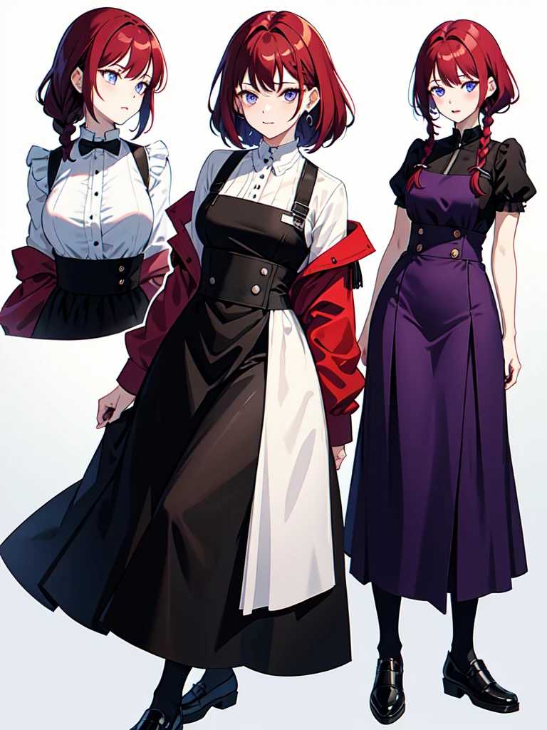 Dressed in maid uniform ,　Mature face,tall, Wearing black tights,Blue Eyes,Updo, Braided Hair, He wore black trousers, whole body黒の服, The skin is hidden　and gradient hair, (Ink blotches:1.1), (pale:1.2),(purple:1.2),(Red/Black:1.2), I was wearing long pants,cool,Dressed in a black robe, Toned body, Wine red hair, one big woman, Nervous,Cowboy Shot, sketch (Character design sheet, same characters, whole body, Three-View, front, ~ ~ ~ side, return),(Very bright:1.1), White Background, [1 Girl:7], (Tilt your head:1.2), ([sketch|watercolor \(Moderate\)]:1.15),Chaotic Abstract Background, Vector Trace, Gradient Blending, Bright colors, that&#39;wonderful, Very detailed, Complex, (Very low contrast:1.4