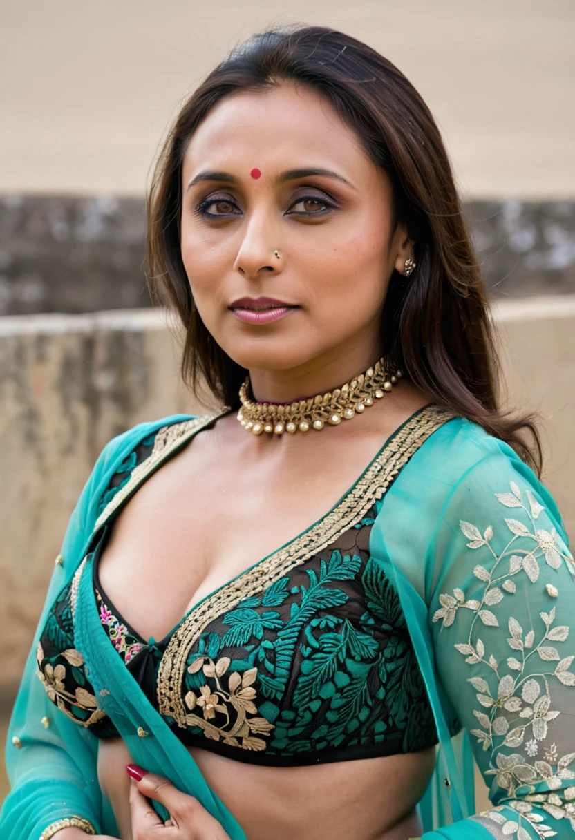 ultra realistic  photo of a 40-year-old woman, sexy woman rani mukerji, outdoors, high neck Mekhela Chador (Assamese traditional attire) lace covering chest and cleavage, huge breast , busty body, Eye roll of exasperation, day time