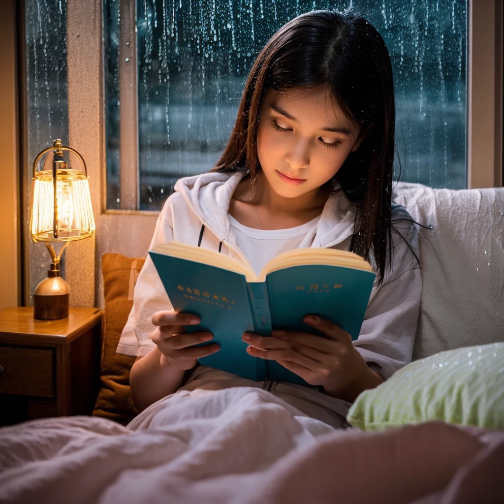 The most beautiful girl reading books in the bedroom at night during the rain outside