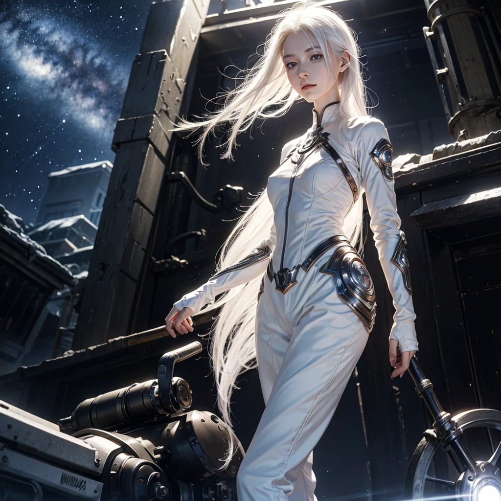 A realistic German albino with white hair, fully body, with roots of light in the skin, silver eyes armor pants quantum robotics cosmic skin