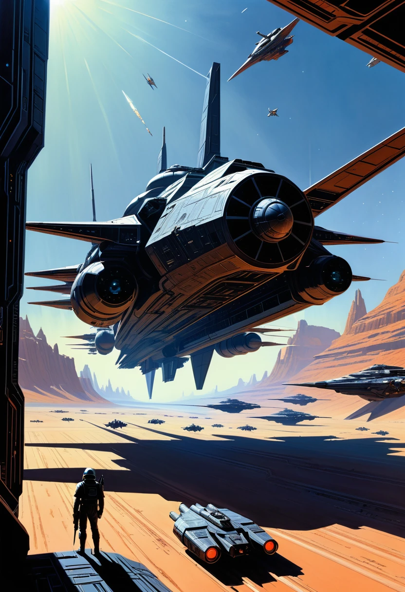 Space War, cinematic still, high budget, cinemascope, 4K epic detailed, by Ralph McQuarrie, best quality, masterpiece, very aesthetic, perfect composition, intricate details, ultra-detailed, vivid colors
