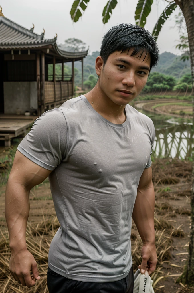 独奏 , 1 person , Portrait of a handsome Asian rugby player, short hair, no beard, muscular, big muscles, wearing a gray round neck t-shirt, wet, outdoors, rice field, countryside, hut, Thailand, Laos, Burma, Asia.