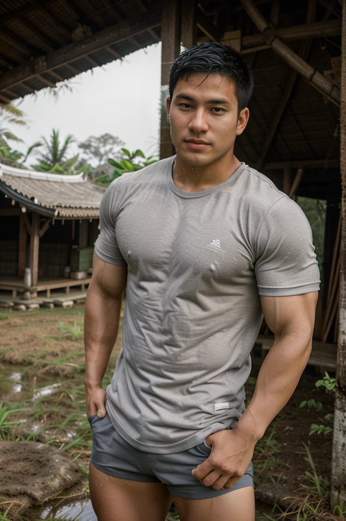 独奏 , 1 person , Portrait of a handsome Asian rugby player, short hair, no beard, muscular, big muscles, wearing a gray round neck t-shirt, wet, outdoors, rice field, countryside, hut, Thailand, Laos, Burma, Asia.