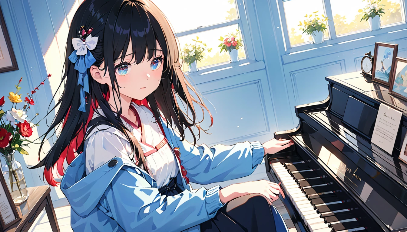 (Absurd:1.1, High resolution:1.1, 超detailed:1.1), 非常にdetailedな, 超detailed hair, (Fine grain:1.4), (Shining Eyes:1.3), thin, sad, positive, cute, Perfectly symmetrical face, narr○w waist, 超cute girl, 超cute face, 超cute, Super beautiful, Beautiful colors, merry (Yanmar gauge),From wlop,((Great quality)), (Beautiful legs), Are standing, Upper body rest (Beautiful colors,detailed,Highest quality,Great quality,so beautiful), piano, Jacket, Lighting and Shadows(perspective), Lighting particles, colorful, Masterpiece, Super stylish room,