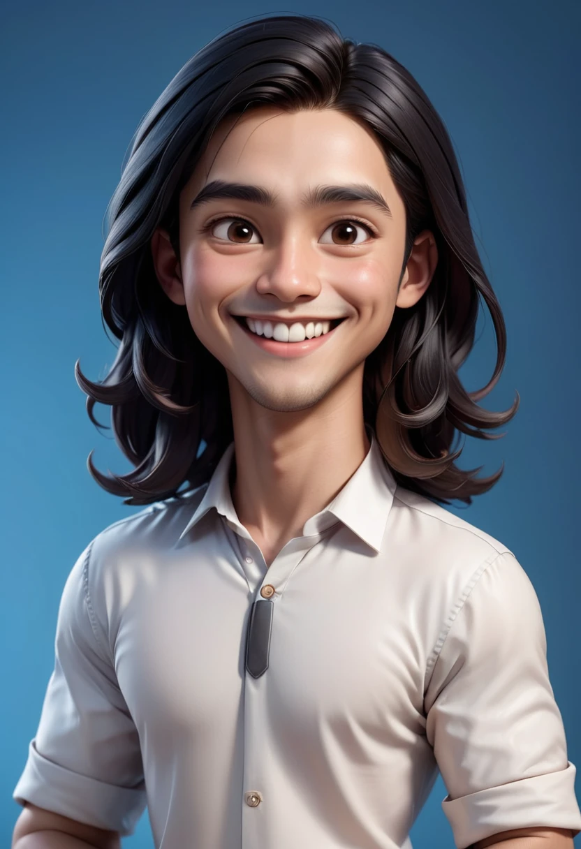 Create a 3D animation of a big-headed cartoon caricature. a 17 year old Indonesian woman. She has charming long straight black hair. His face is oval with smooth lines, thick and neat black eyebrows, normal eyes, a big nose, and thin lips with a wide, friendly smile. He wore a white shirt and carried a document in his hand. Gradient blue background with professional lighting. masterpiece, top quality, highly detailed skin and face, ultra-realistic, high definition, studio lighting, sharp focus, full body visible, Concept Art, 3D rendering.