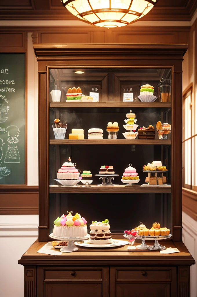 masterpiece, Very detailed, (Little:1.3), , (One girl), Blonde, pastel colour, Cozy atmosphere, Dessert display case, Macaroons, cupcake, tart, cake, coffee maker, Blackboard Menu, Natural light, Glass jar filled with candy, Frosted window glass, Decorative Plate, Whimsical decor, Sugar Sculpture,