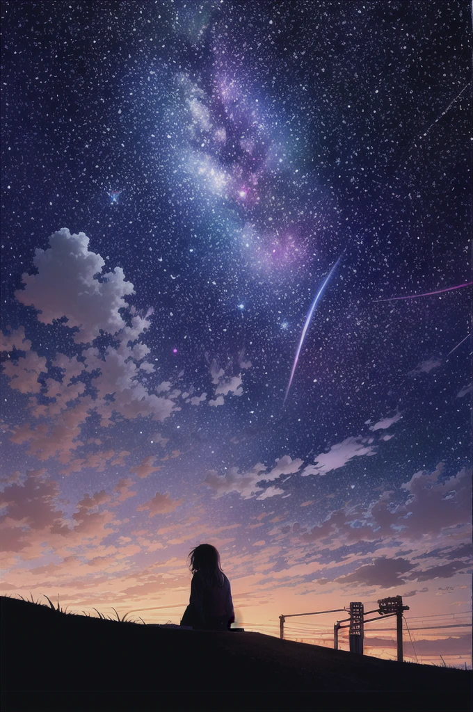 Octane, null, star (null), scenery, starry null, night, One girl, night null, alone, Outdoor, sign, building, cloud, milky way, Sitting, wood, Long Hair, city, silhouette, cityscape