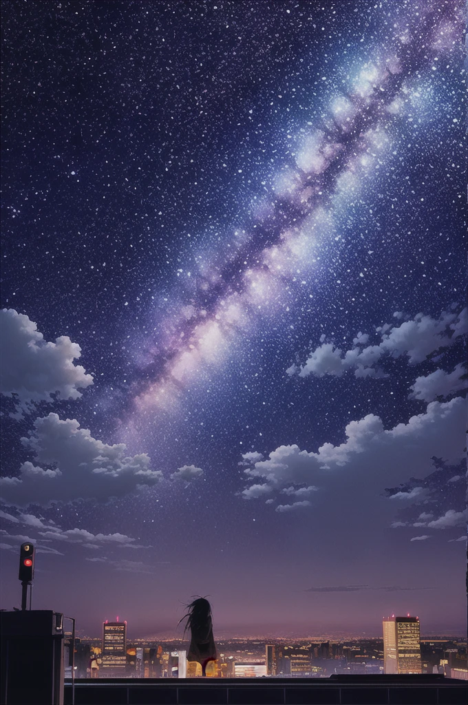 Octane, null, star (null), scenery, starry null, night, One girl, night null, alone, Outdoor, sign, building, cloud, milky way, Sitting, wood, Long Hair, city, silhouette, cityscape