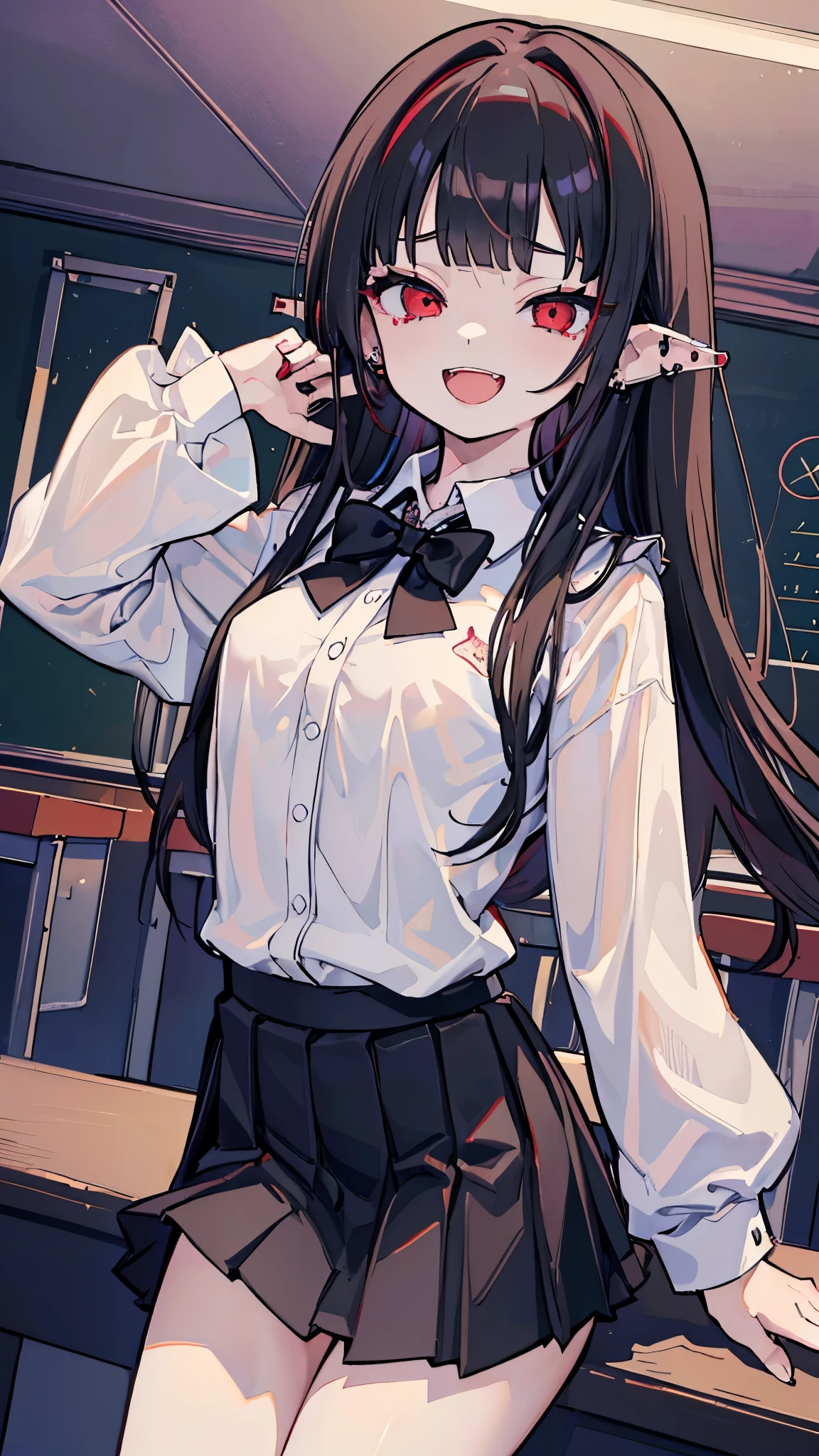 (masterpiece、Highest quality、Very detailed))、One girl、Black Hair、Long Hair、blunt bangs、Red eyes、evil smile、((Open Mouth))、((tooth))、Pointed Ears、((lots of piercings))、((Small breasts))、((White collared shirt))、A bow tie、((Black pleated skirt))、Cowboy Shot、((night))、((Classroom Background))
