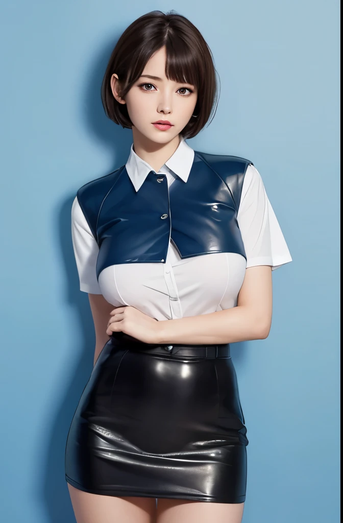 ((Highest quality)), ((masterpiece)), (detailed), One woman, sexy,teacher,Black leather tight mini skirt,Hold on to the strap,((Big Breasts)),30 years old,short hair,White blouse,whole body,The background is one color blue,No shadow on background