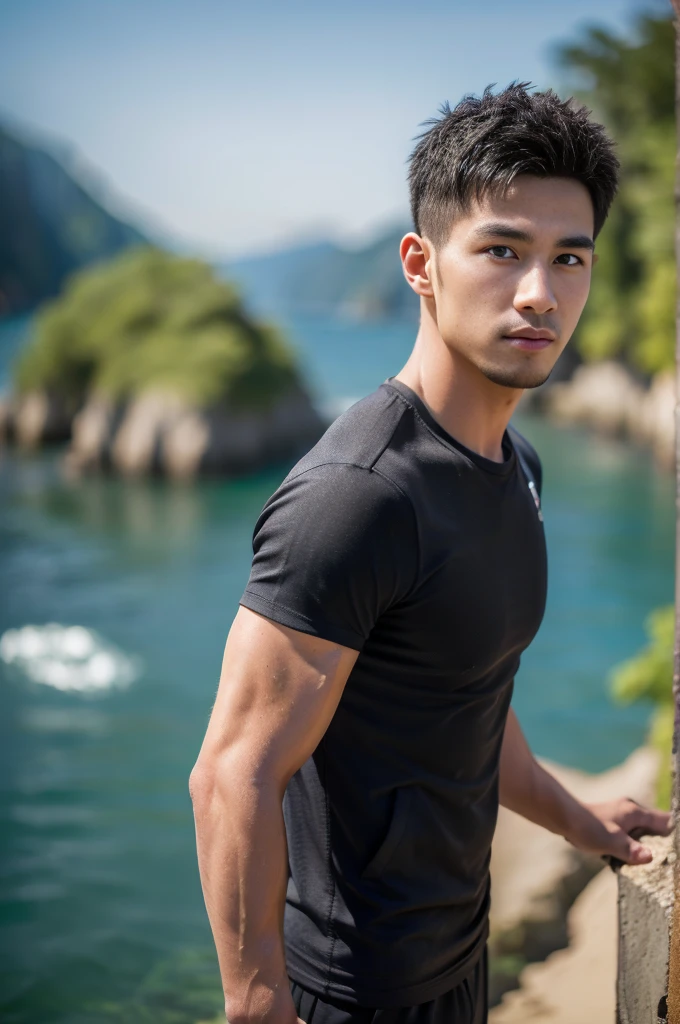 ((Highest quality, 8K, Masterpiece:1.3)),Thailand Laos Burma Asia,Thai man buzz haircut,A handsome Asian sport short hair,a muscular beard,and big muscles.,1A man who has,yo,Good appearance,Beautiful nose,Detailed eyes and face,beautiful light,(studio),high resolution,(Look at the viewer.),Fine mouth,whole body:1.5,perfect shape:1.3,Picture of both shoulders:1.3,(t-shirt:1.2),black cargo pants,wristband,landscape,(The background is Bokeh:1.2),on the sea,(open_jacket:1.3),