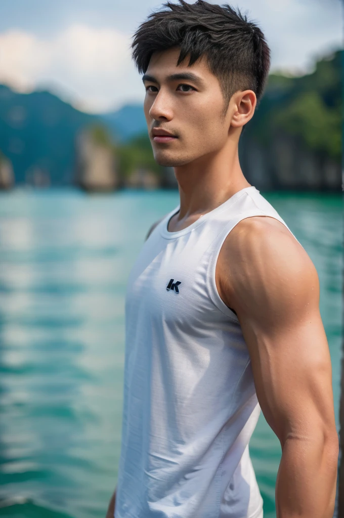 ((Highest quality, 8K, Masterpiece:1.3)),Thailand Laos Burma Asia,Thai man buzz haircut,A handsome Asian sport  short hair,a muscular beard,and big muscles.,１A man who has,yo,Good appearance,Beautiful nose,Detailed eyes and face,beautiful light,(studio),high resolution,(Look at the viewer.),Fine mouth,whole body:1.5,perfect shape:1.3,Picture of both shoulders:1.3,(t-shirt:1.2),black cargo pants,wristband,landscape,(The background is  Bokeh:1.2),on the sea,(open_jacket:1.3),