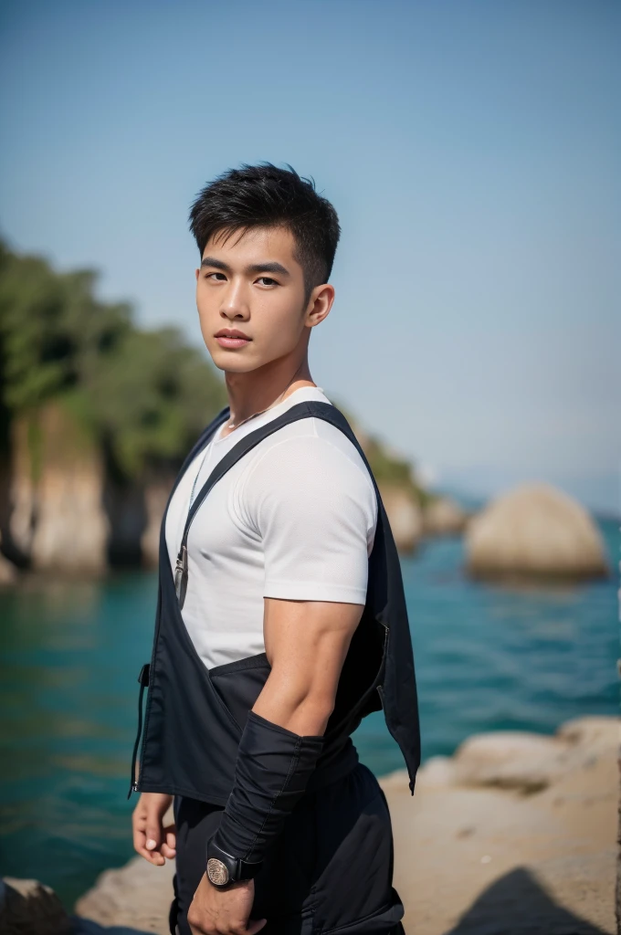 ((Highest quality, 8K, Masterpiece:1.3)),Thailand Laos Burma Asia,Thai man buzz haircut,A handsome Asian sport short hair,a muscular beard,and big muscles.,1A man who has,yo,Good appearance,Beautiful nose,Detailed eyes and face,beautiful light,(studio),high resolution,(Look at the viewer.),Fine mouth,whole body:1.5,perfect shape:1.3,Picture of both shoulders:1.3,(t-shirt:1.2),black cargo pants,wristband,landscape,(The background is Bokeh:1.2),on the sea,(open_jacket:1.3),