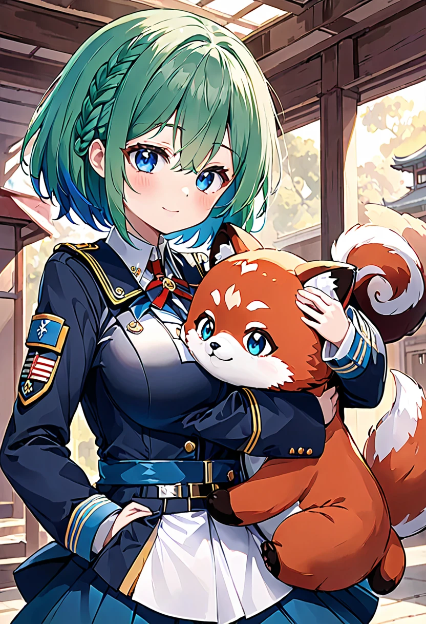 Blue-green hair　girl　Blue Eyes　Short Hair　Red Panda　stuffed toy　Second Dimension　anime　An illustration　vtuber　C Cup　Warrior uniform　military uniform long sleeves　Clothes patina　Cleavage　stuffed toy　Embrace　One person　Braided Hair Arrangement　