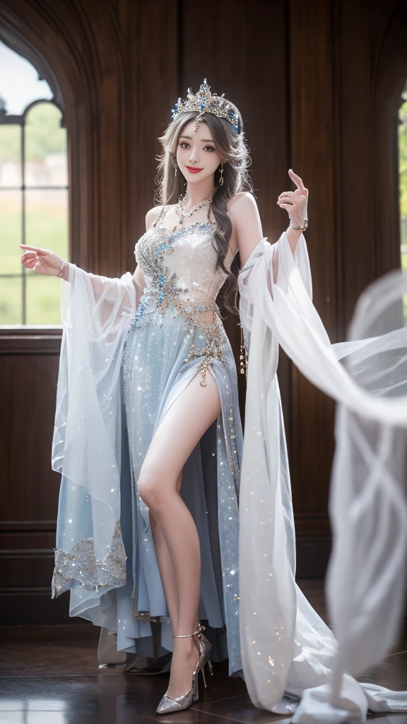 ((Knee Shot)), Arapefe, Looking at the camera, wear high heel shoes,Put on the crown,necklace,Smile,Shoot at random angles,By the window, In the castle, transparency,(extra large ,1.5),Turn around and look at the camera,masterpiece,Flawless,transparency,Ethereal,More details and decorations,Show your thighs,Sexy slender legs, 8K,(Wearing rings and other accessories,1.9),White skin,Gorgeous decoration,A girl,(Anatomically correct,high quality, High Detail, masterpiece)