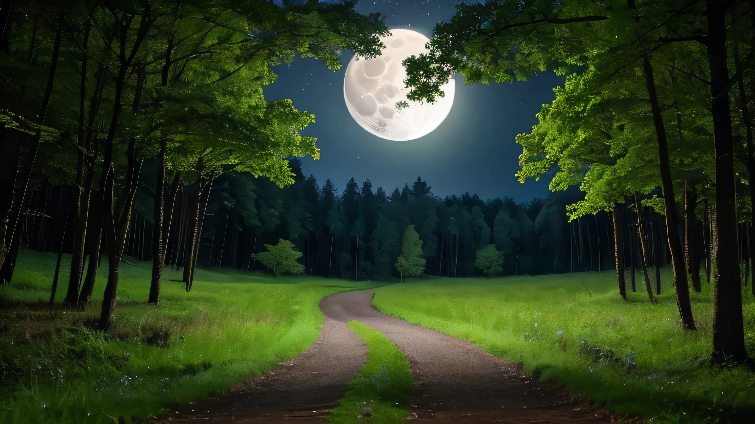 Quiet Night, full moon, Beautiful scenery, Forest Trees々