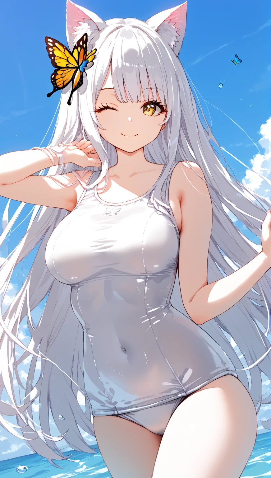 a very beautiful anime female figure in a white outfit in the sky, 1girl, animal ears, solo, one eye closed, yellow eyes, butterfly hair ornament, swimsuit, long hair, school swimsuit, one-piece swimsuit, white hair, breasts, white one-piece swimsuit, smile