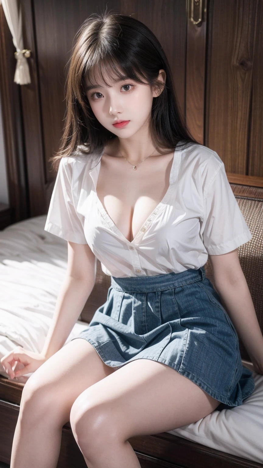 An , Wearing European-style short skirt，Showing cleavage