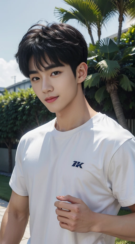 (As a matter of fact, Masterpiece, 8k HD, good light quality, sportswear, fit the face, complicated details), A handsome, muscular young Korean man. , 20 years old, be happy, smile brightly, detailed face, delicate eyes, มองดูsky, Wear a navy tight T-shirt.:1.6, period, black eyes, Black hair color, ผมsmooth, smooth, outdoor sports, Along the garden, Sunny,sky,Surreal,Awesome details,Highest quality,real,Open your mouth to talk.