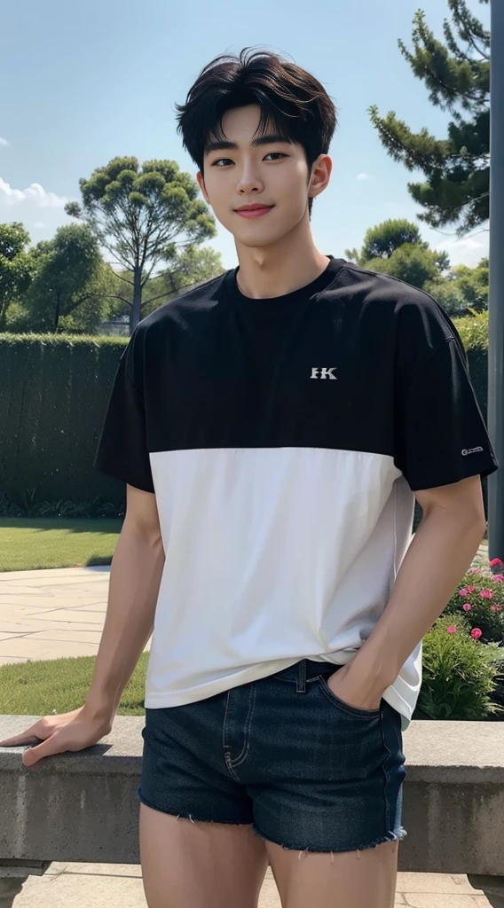 (As a matter of fact, Masterpiece, 8k HD, good light quality, sportswear, fit the face, complicated details), A handsome, muscular young Korean man. , 20 years old, be happy, smile brightly, detailed face, delicate eyes, มองดูsky, Wear a navy tight T-shirt.:1.6, period, black eyes, Black hair color, ผมsmooth, smooth, outdoor sports, Along the garden, Sunny,sky，Surreal，Awesome details，Highest quality，real，Open your mouth to talk.
