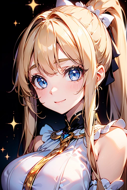 Portrait、、Bright expression、ponytail、Young, shiny, glossy skin、Gloss Face、Shining Cheek Gloss、Small Face Beauty、The best beauty、The dazzling light of silky blonde hair、Bright blonde hair with dazzling highlights、Very beautiful blonde hair、super long silky straight hair、Her shiny, beautiful bangs are covering her eyes.、Sparkling, clear, attractive, bright, large, pale blue eyes、Very big eyes、eyeliner、very beautiful lovely cute 16 year old girl、(huge Bust:1.6), full body , smile , (natural skin :1.3), wearing white Lolita