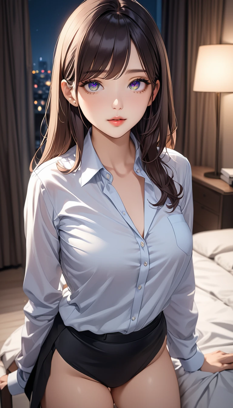 (((masterpiece))),(((high resolution)))、((beautiful woman))、(((Korean Secretary)))、(30 years old), (((business shirt)))、night、standing and looking at me, (((high resolution face))), (((high resolution eyes))), (((panty))), bedroom, under wear
