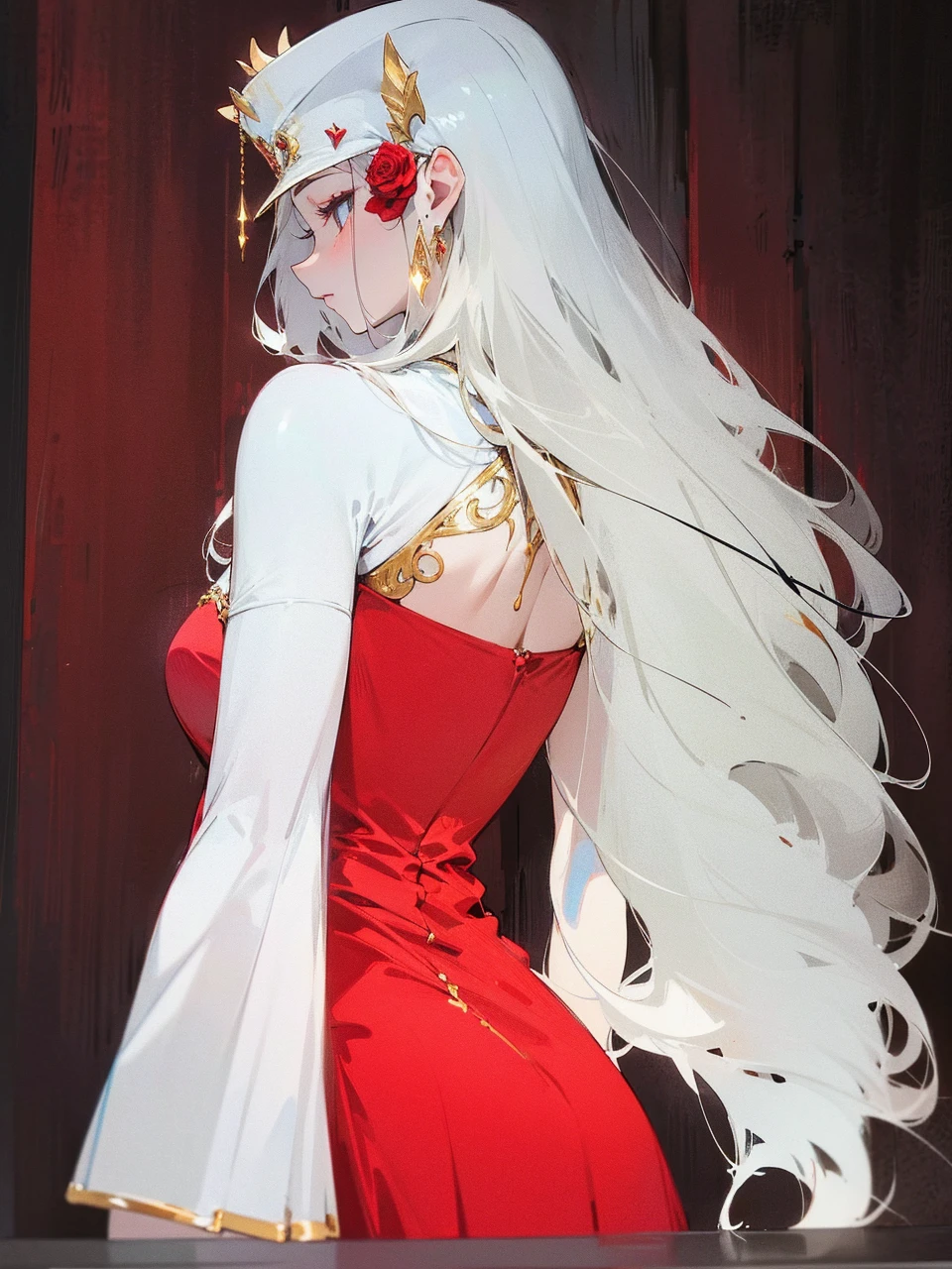 Add in roses to her dress, a good back dress design with some golden jewelry, make her dress into a red and white gown with a hat, give her some unique Jewelry, and make her look somewhat of a demonic angel like appearance to her