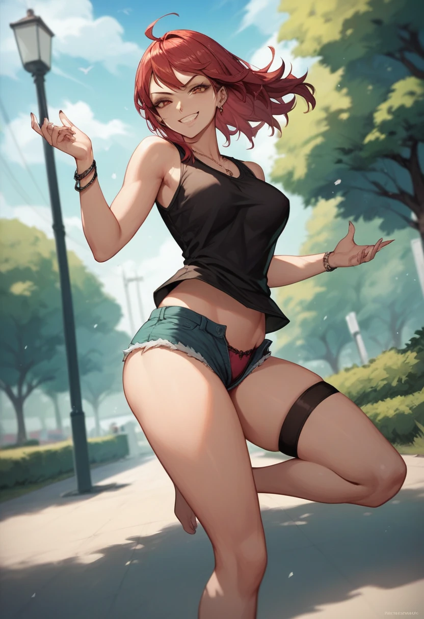 ((High Quality image 10k)) (( perfect autonomy)) Masterpiece, solo girl, brown eyes, red hair, wearing sleeveless black shirt, blue jean shorts, shorts are falling down, cute panties, sexy panties, evil smug grin, barefoot, Standing, in the park