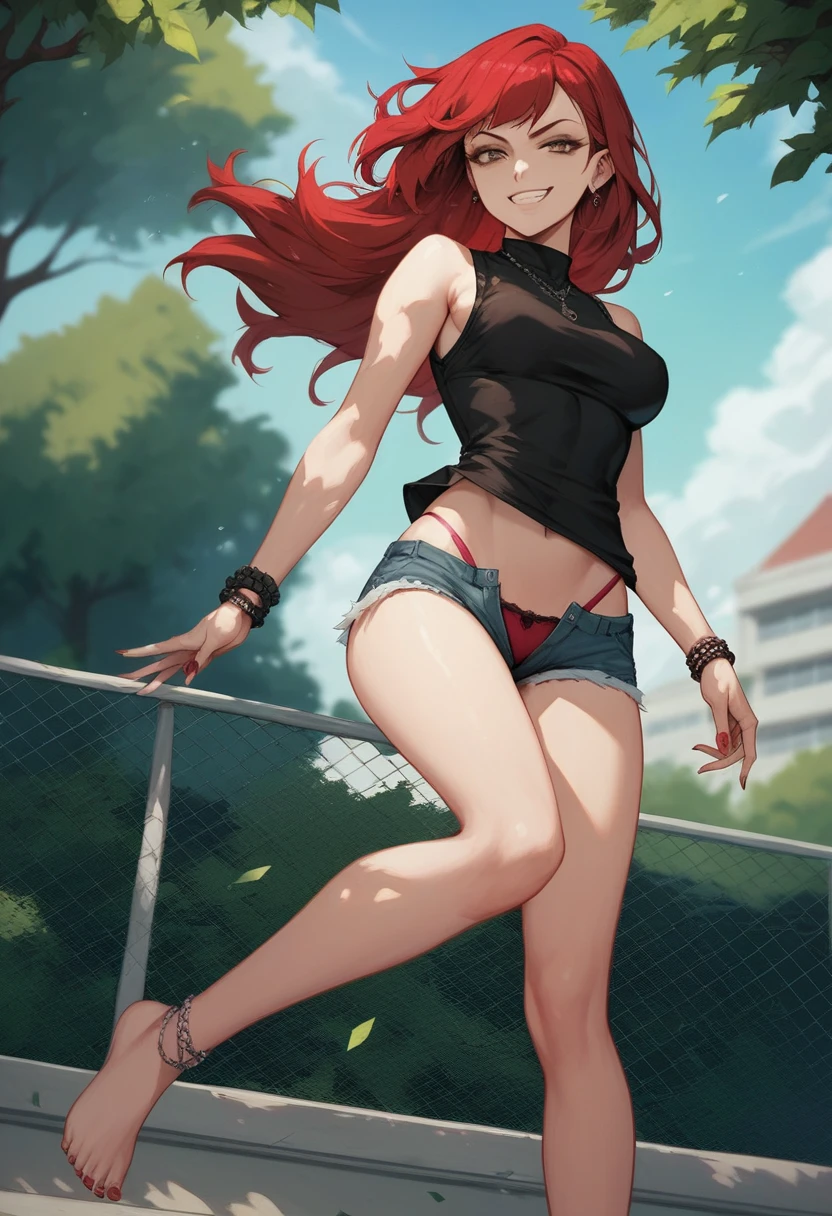 ((High Quality image 10k)) (( perfect autonomy)) Masterpiece, solo girl, brown eyes, red hair, wearing sleeveless black shirt, blue jean shorts, shorts are falling down, cute panties, sexy panties, evil smug grin, barefoot, Standing, in the park