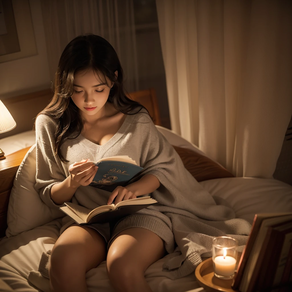 The most beautiful girl reading books in the bedroom at night during the rain outside