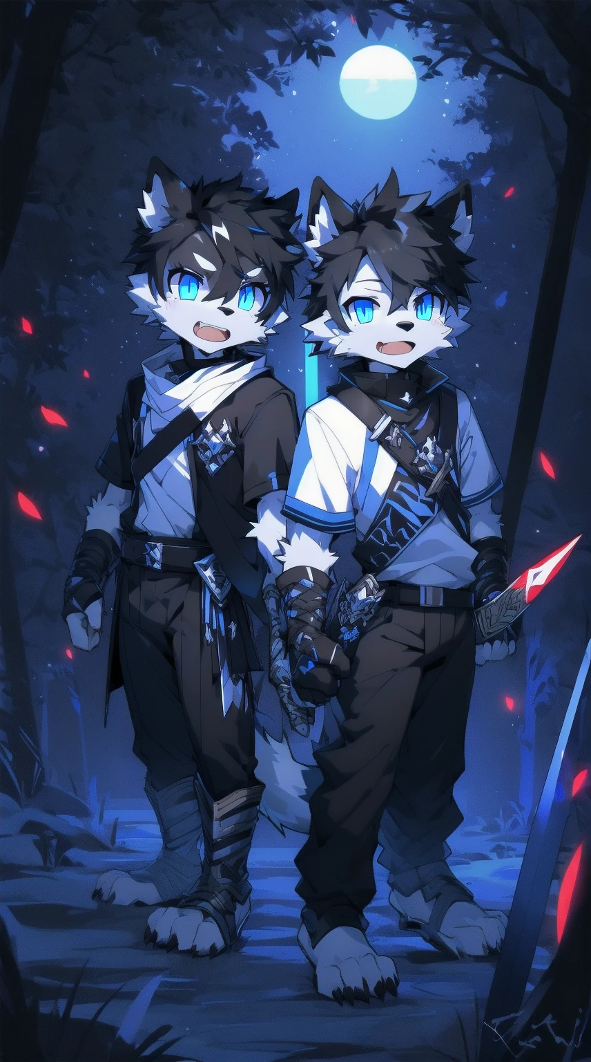 White Wolf，black hair，Sky blue eyes，hairy，Wolf ears，Wolf tail，Full body portrait，The character is in the center of the frame，Handsome，Confident eyes，male，juvenile，Black and white combat uniform，Red neck bib，Black shorts，Short sleeve，hairy arms and legs，Dark background，Dark battlefield，dawn，sunrise，dawn，illumination，shadow，Swordsman，Scabbard and sword，Hold the hilt of a sword in your hand，The scabbard is at the waist，Highest quality