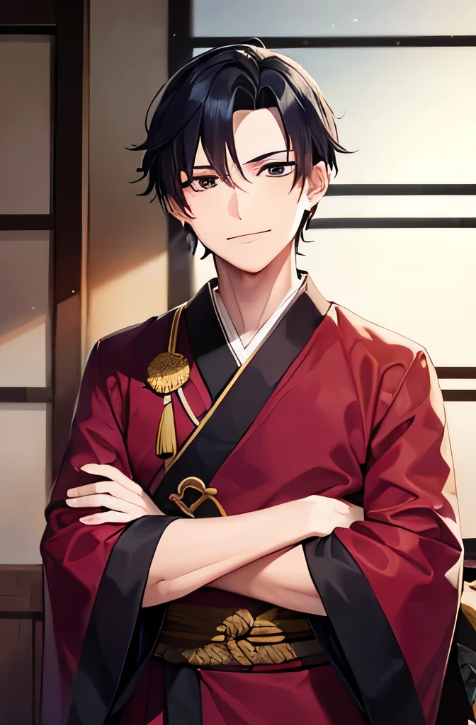 1 man,1 dandy middle age man,kimono,military or naval uniform,folding one's arms,smiling,looking at viewer,watch,anime style,masterpiece, extremely fine and beautiful,japanese