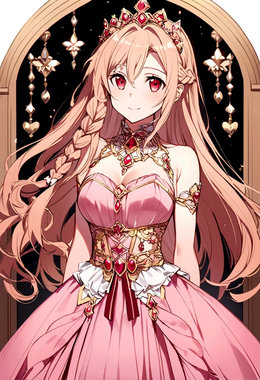 Asuna from Sword Art Online, She wears a beautiful side braid, she wears a pink dress, looks like a queen.
